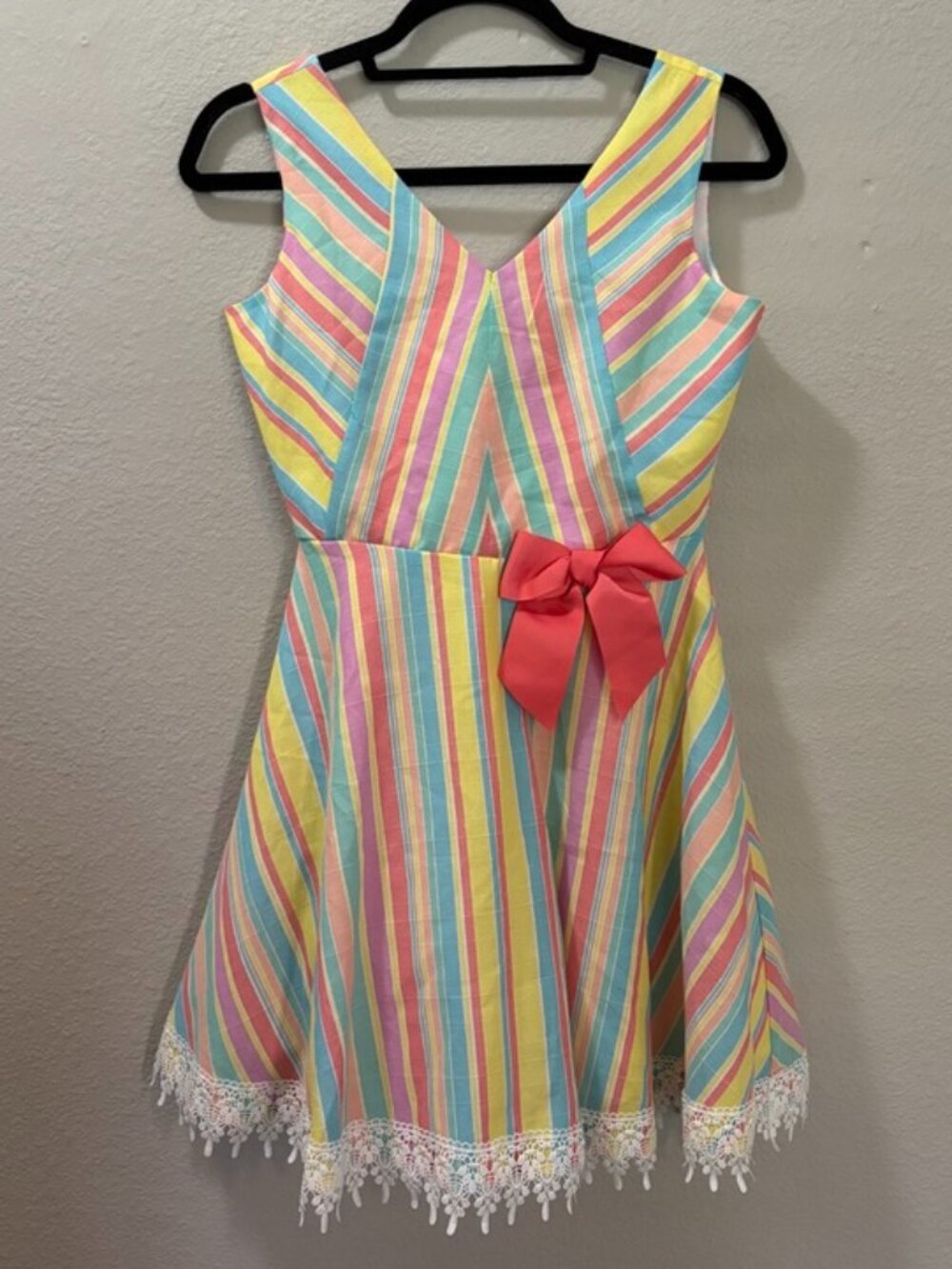 Rare Editions Girls Pastel Rainbow Stripe Bow Back Dress Size 12